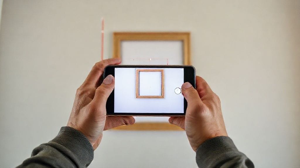Person using an iPhone Measure app to check the dimensions of a picture frame on a living room wall.