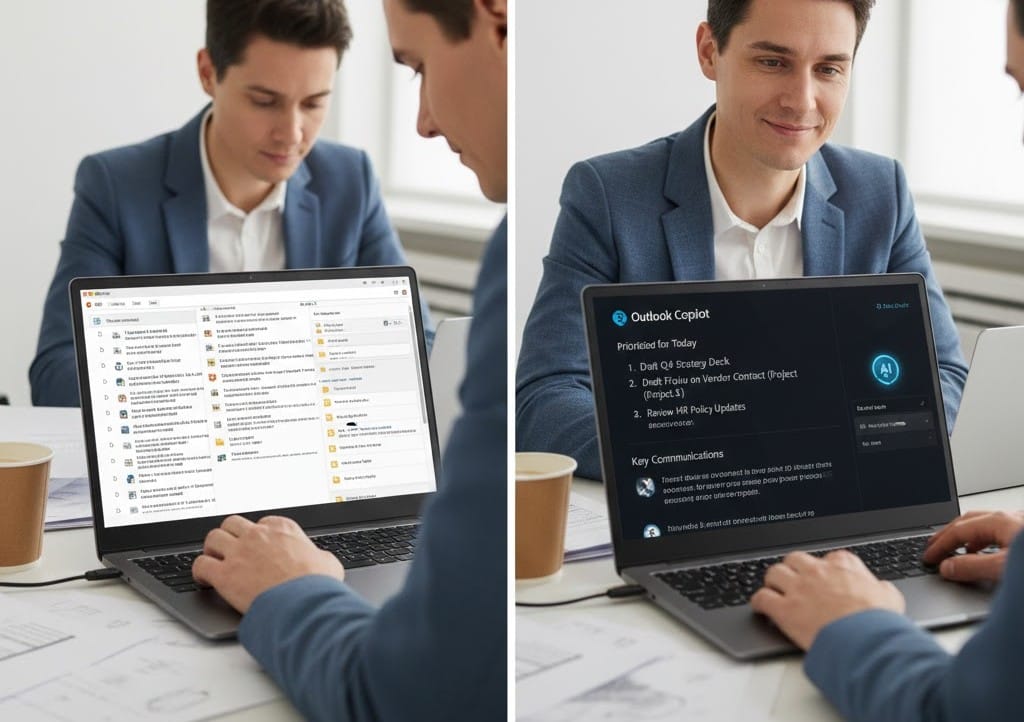 Before and after using AI for email management at work.