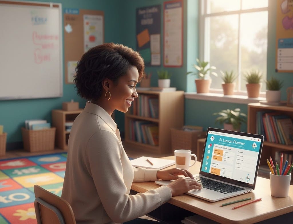 Teacher using AI lesson planning tool to save time on curriculum prep.