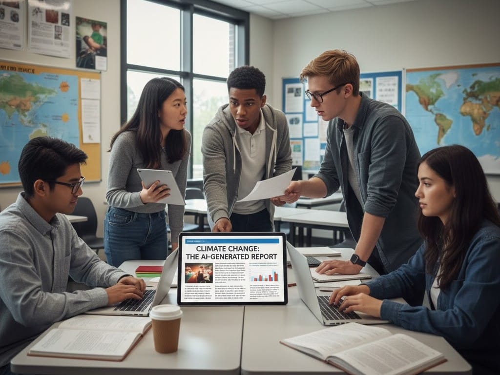 Students critically analyzing AI-generated content during class discussion.