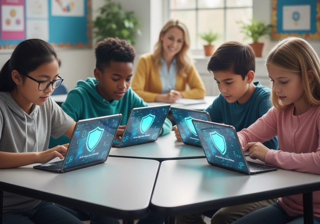 Students using privacy-safe AI learning platforms in the classroom.
