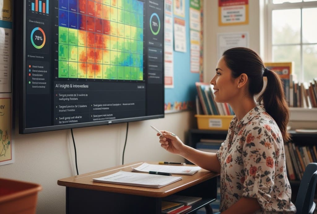 Elementary teacher analyzing AI-generated learning analytics dashboard to inform small-group instruction.