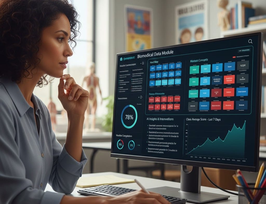 Teacher analyzing AI dashboard showing student progress in health data literacy.