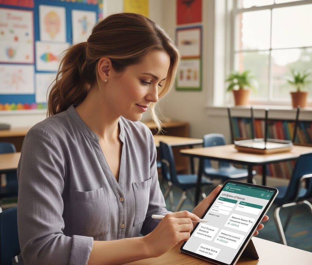 Teacher customizing AI-suggested lesson plan on tablet in modern classroom.