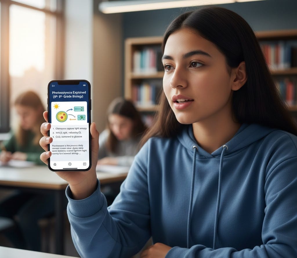 Teen student using voice-enabled AI search for biology homework help.