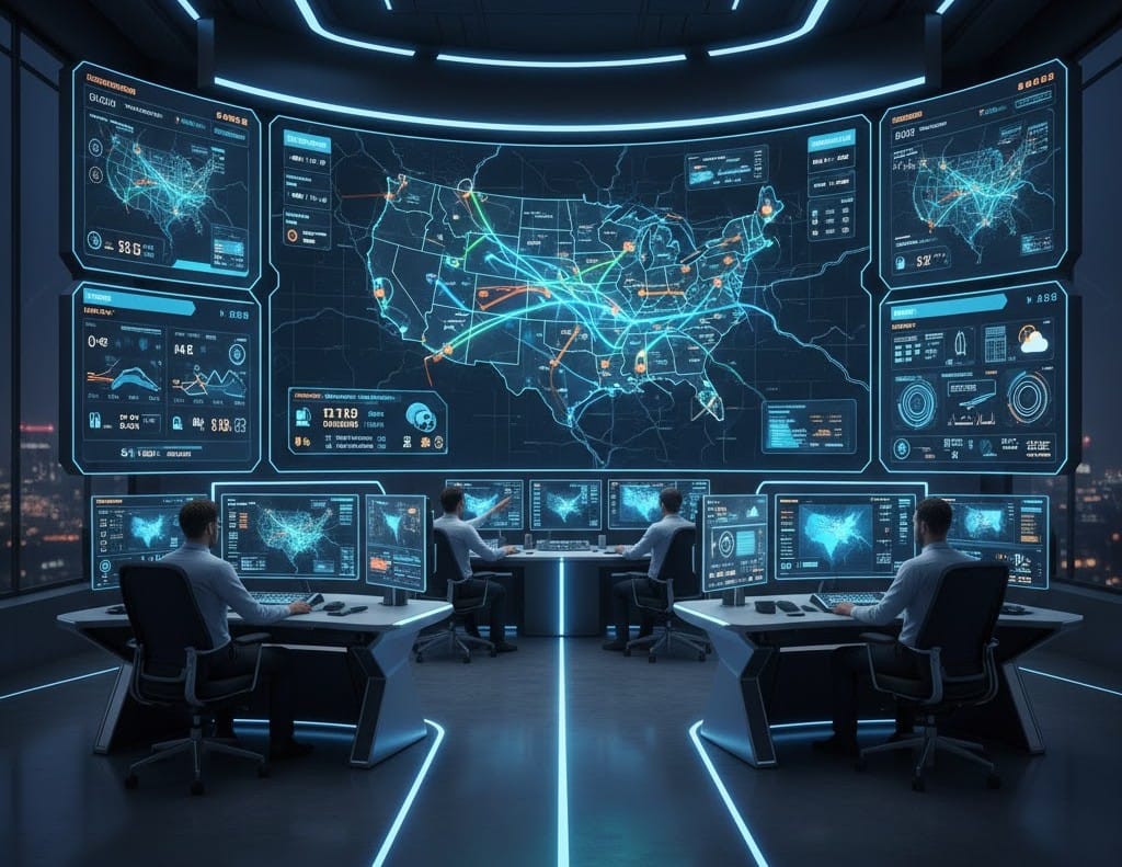 AI-driven logistics hub managing autonomous freight routes in the United States.
