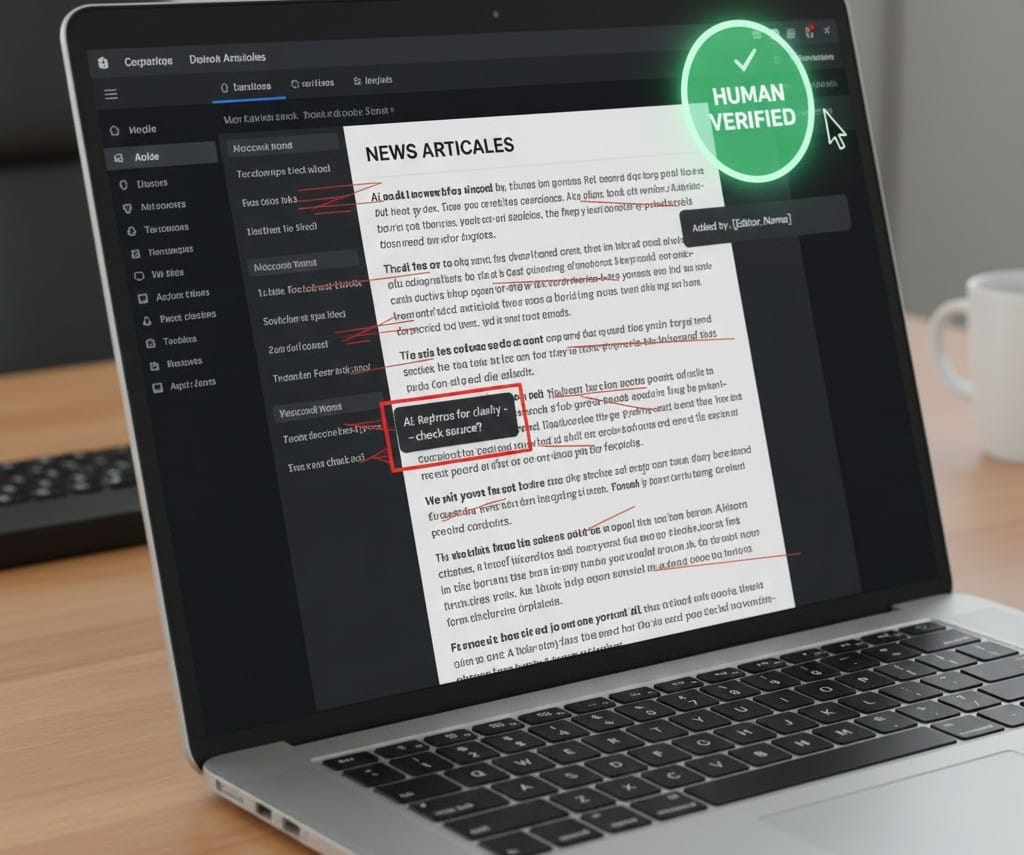 Editor fact-checking and approving AI-assisted news content before publication.