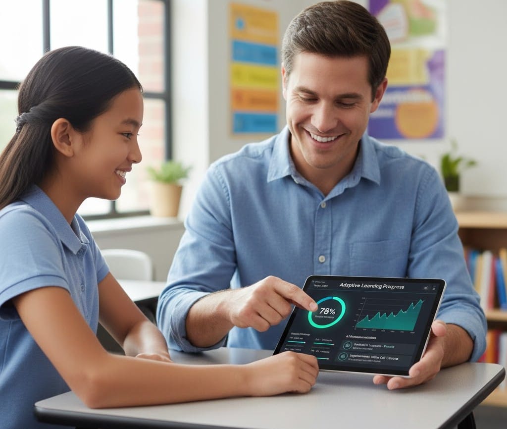 Student and teacher reviewing progress on a tablet.