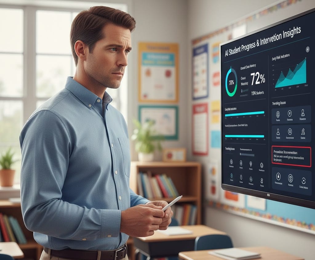 Educator analyzing AI-generated learning analytics dashboard to inform instructional decisions