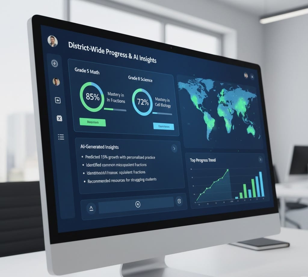 AI learning analytics dashboard showing student performance trends.