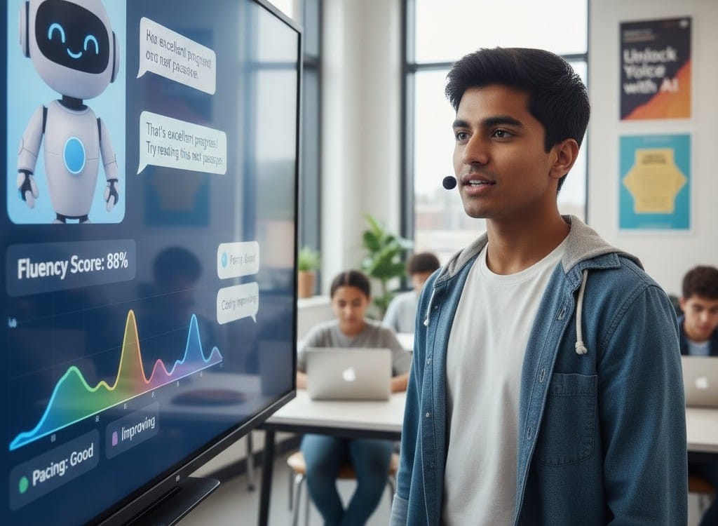 High school student practicing oral presentation with AI coach providing instant feedback.