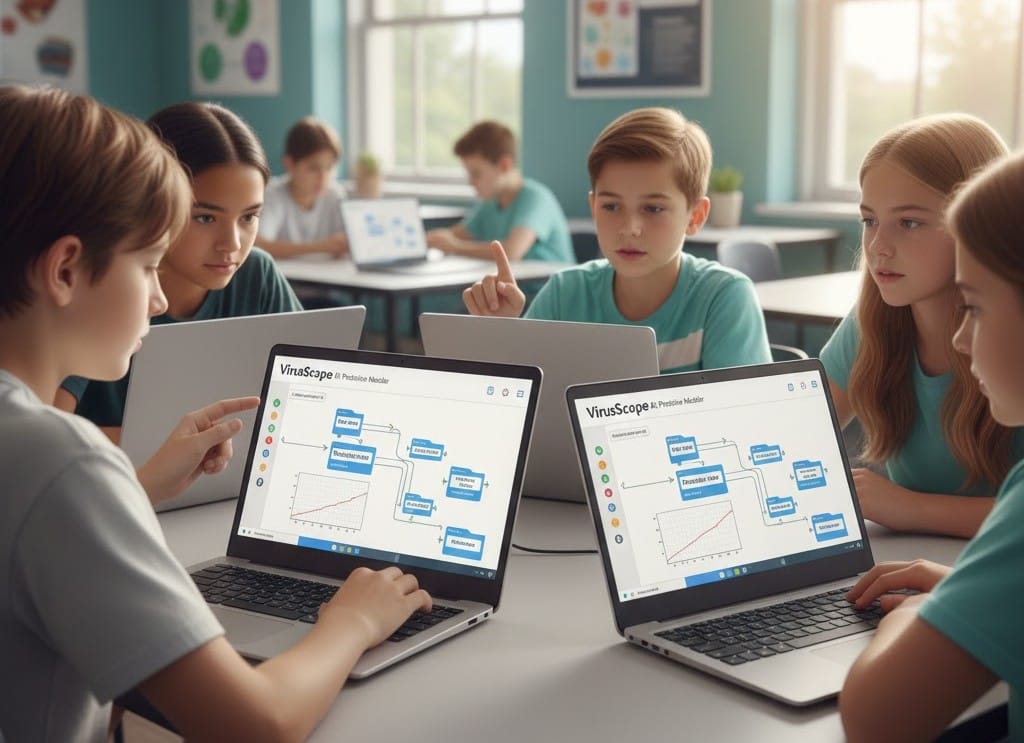 Middle school students collaborating on AI-powered public health project.