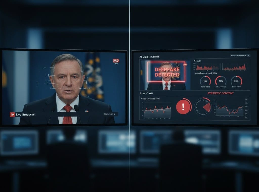 AI-powered deepfake detection tool identifying synthetic media in news verification workflow.