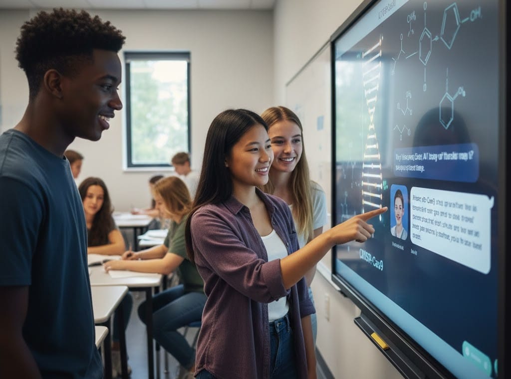 Students using AI tutoring system for science homework help in high school classroom