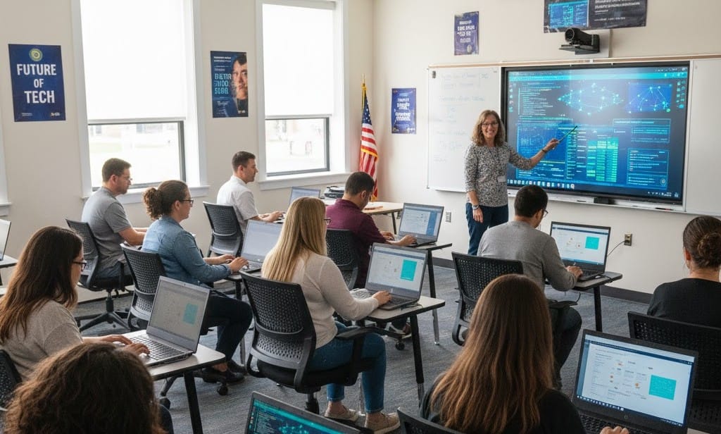 U.S. government-funded AI reskilling program helping displaced workers transition to new careers.