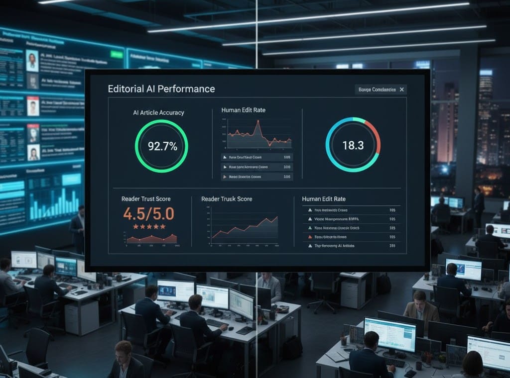 Analytics dashboard tracking AI performance and editorial quality in online news publishing.