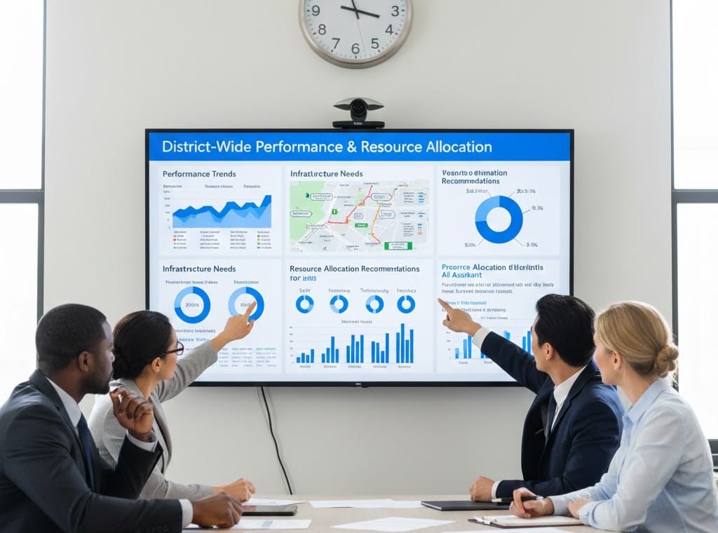 School district leadership team discussing AI-driven insights for strategic planning