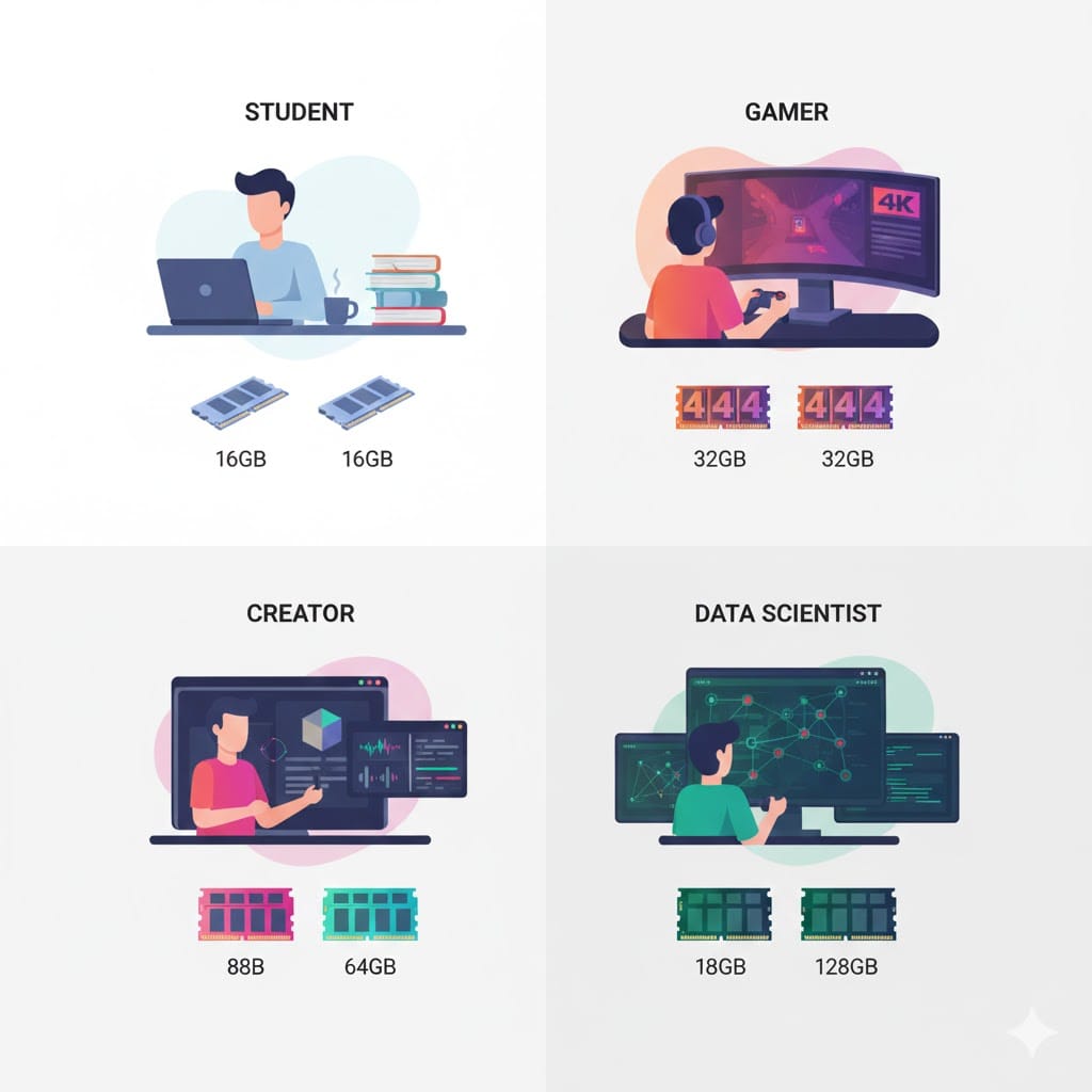 2026 RAM recommendations by user type: student, gamer, creative professional, AI developer"
Placement: At section start.