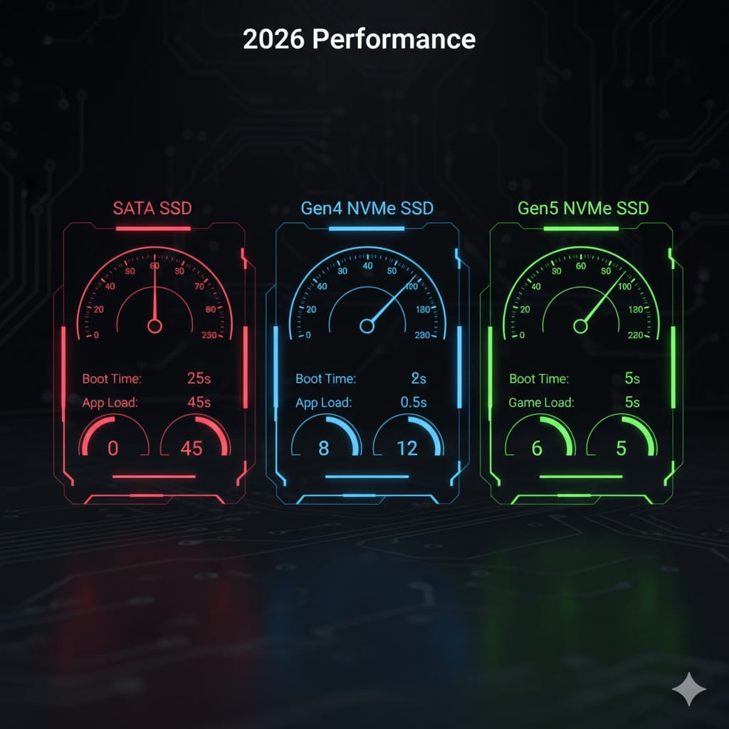 Real-world SSD vs NVMe performance comparison 2026: boot times, app load, game load speeds