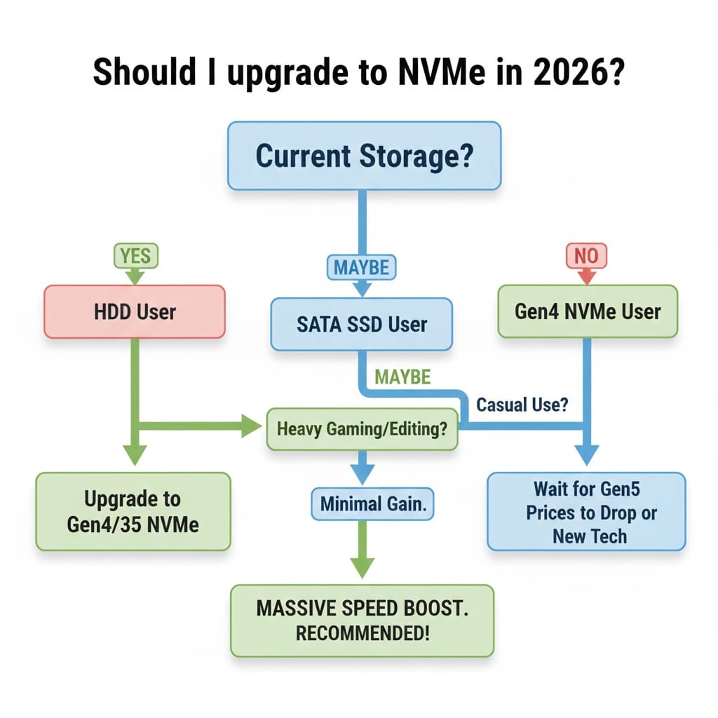 2026 SSD upgrade decision guide: HDD to SATA to NVMe flowchart