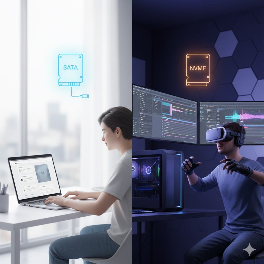 SATA SSD vs NVMe use cases in 2026: everyday computing vs high-performance workloads