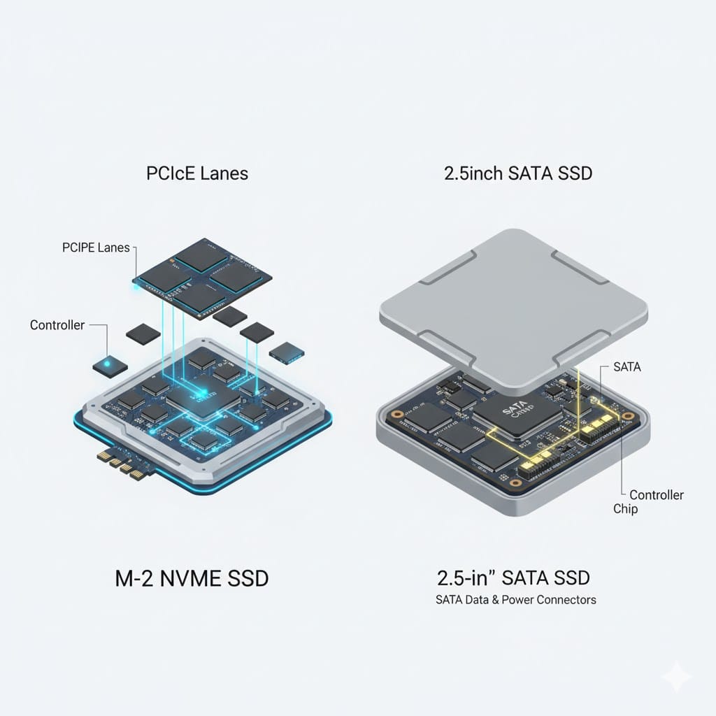 Technical comparison of M.2 NVMe SSD vs 2.5-inch SATA SSD components in 2026
