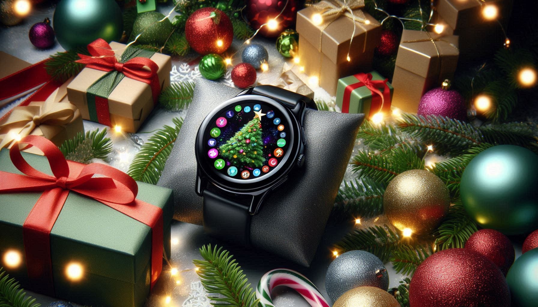 Galaxy Watch 8 Classic on Christmas table with gifts and lights, highlighting holiday deal.