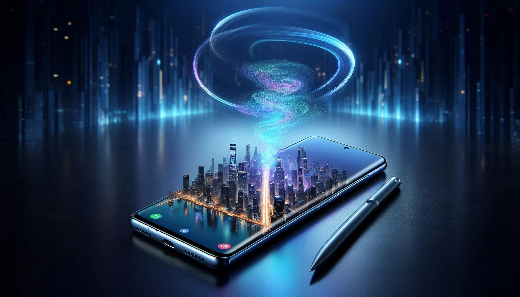 Samsung Galaxy S26 Ultra with AI-generated wallpaper and hovering S Pen on urban night backdrop.