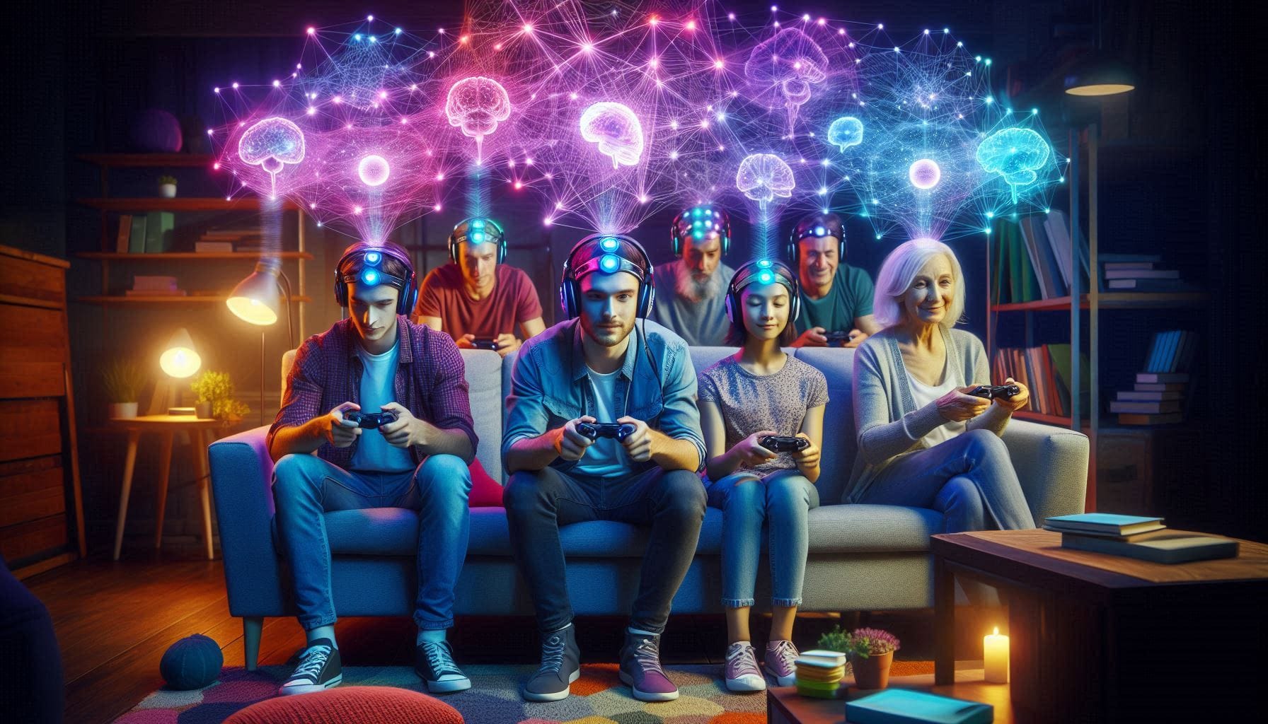 Multigenerational players engaging in cognitive-enhancing video games with real-time neural feedback visualization.