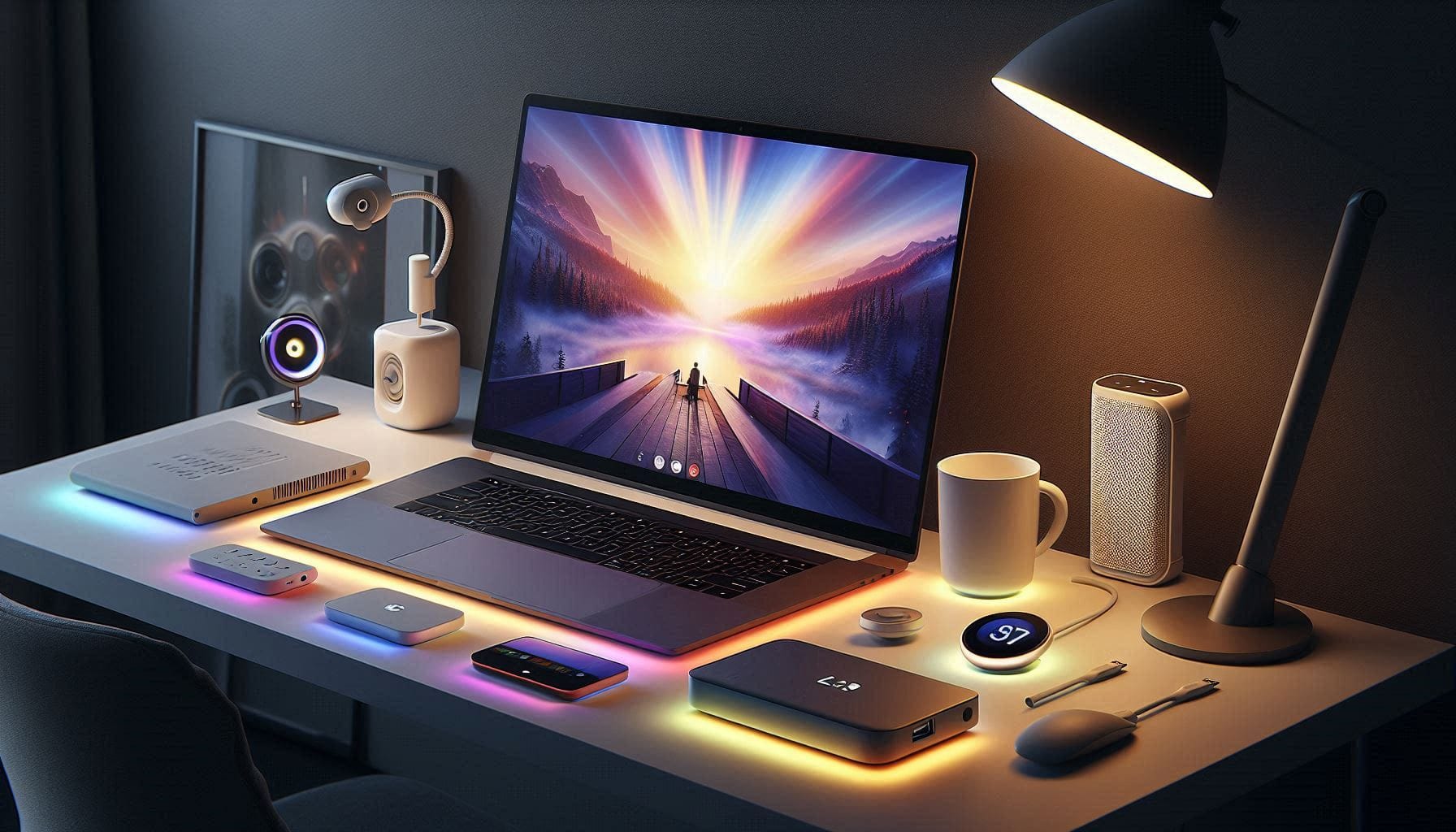 Modern workspace enhanced by five innovative USB-powered gadgets plugged into a single laptop.