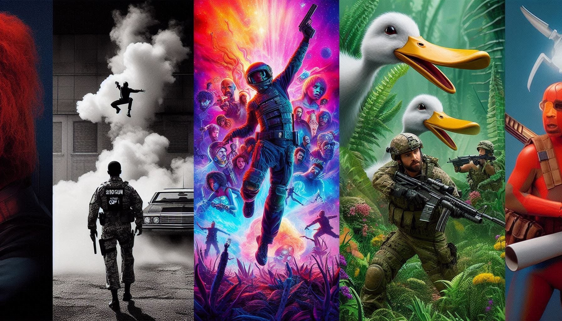 Three top-rated 2025 shooters—Shotgun Cop Man, Revenge of the Savage Planet, and Duck Force One—showcasing genre diversity.