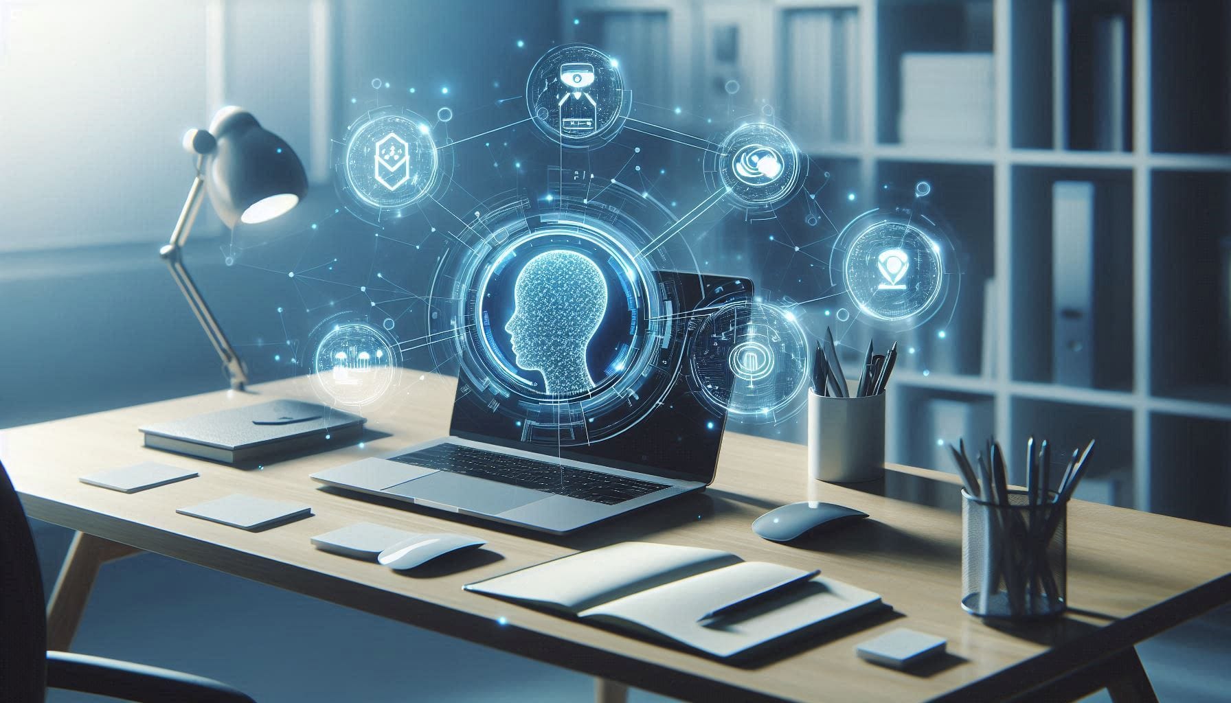 Holographic AI productivity tools enhancing a modern workspace.