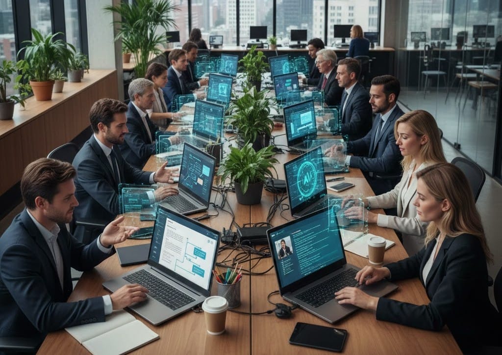 American team collaborating with AI tools in a hybrid workplace, 2026.
