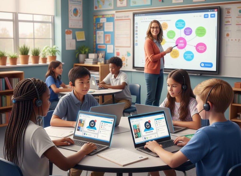 U.S. students using FERPA-compliant AI tutoring in an inclusive classroom, 2026.