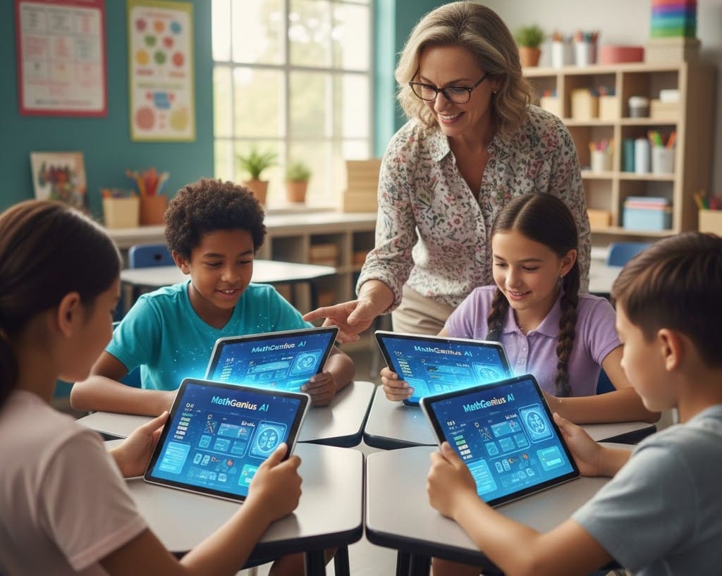 Middle school students using AI-powered math software with teacher support.