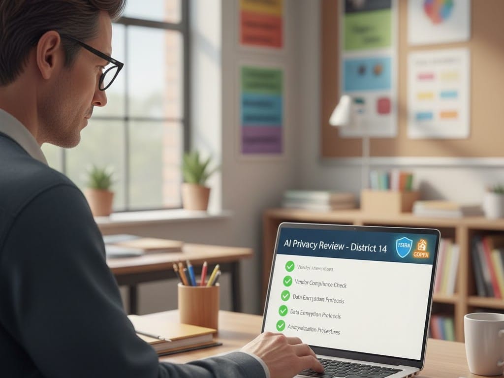 Teacher evaluating an AI tool for student data privacy compliance.