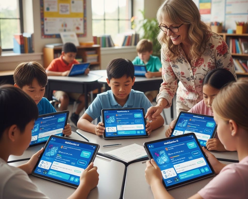 6th-grade students engaging with AI-powered personalized math practice in a U.S. classroom.