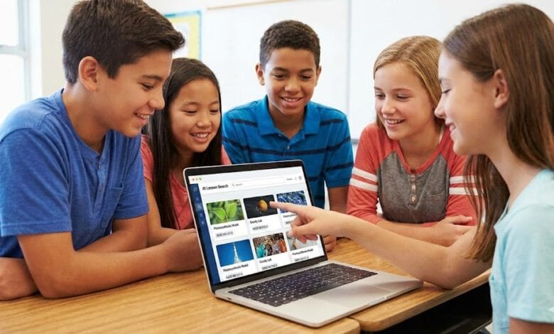 Students using AI-powered educational search tool in collaborative classroom setting.
