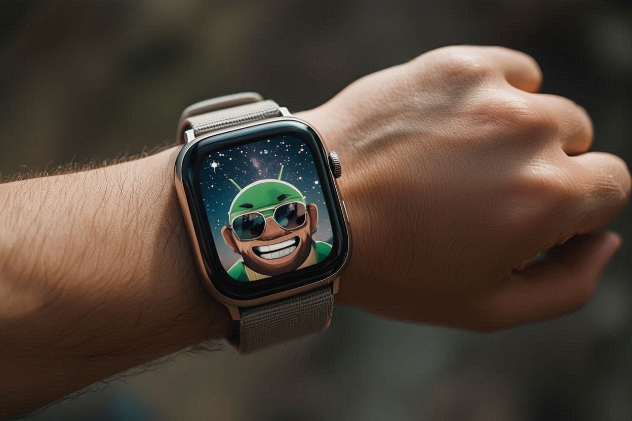 Pixel Watch showing AI-generated Android bot from selfie as Wear OS watch face.