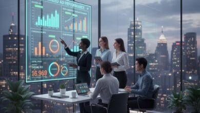 Marketing team reviewing AI-driven digital campaign analytics in a US agency.