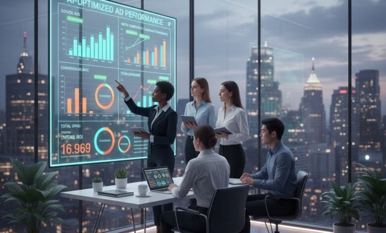 Marketing team reviewing AI-driven digital campaign analytics in a US agency.