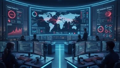 Modern operations center showing cybersecurity metrics.