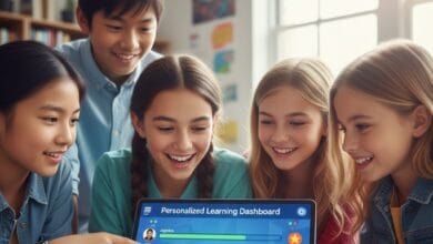 Diverse middle school students analyzing personalized learning analytics dashboard on a tablet in a modern classroom.