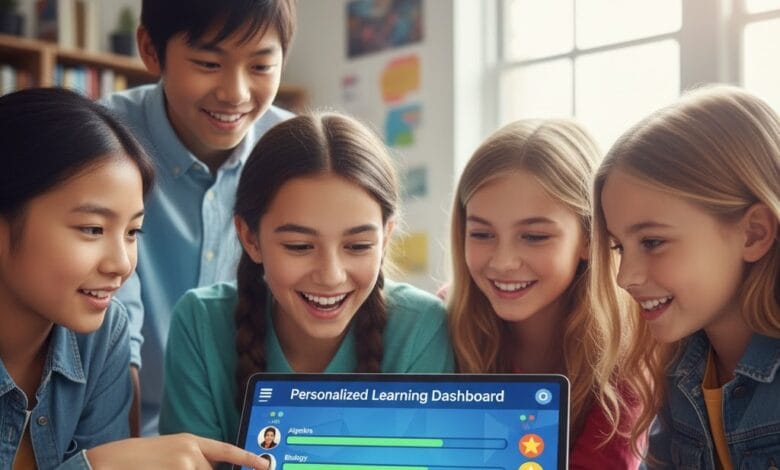 Diverse middle school students analyzing personalized learning analytics dashboard on a tablet in a modern classroom.