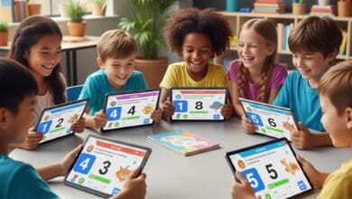 Elementary students engaged with AI-powered adaptive learning platform during math lesson