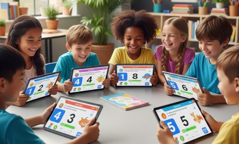 Elementary students engaged with AI-powered adaptive learning platform during math lesson