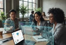 Diverse US professionals using AI productivity tools during a team collaboration session in 2026.