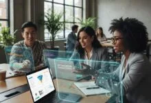 Diverse US professionals using AI productivity tools during a team collaboration session in 2026.