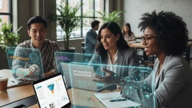 Diverse US professionals using AI productivity tools during a team collaboration session in 2026.