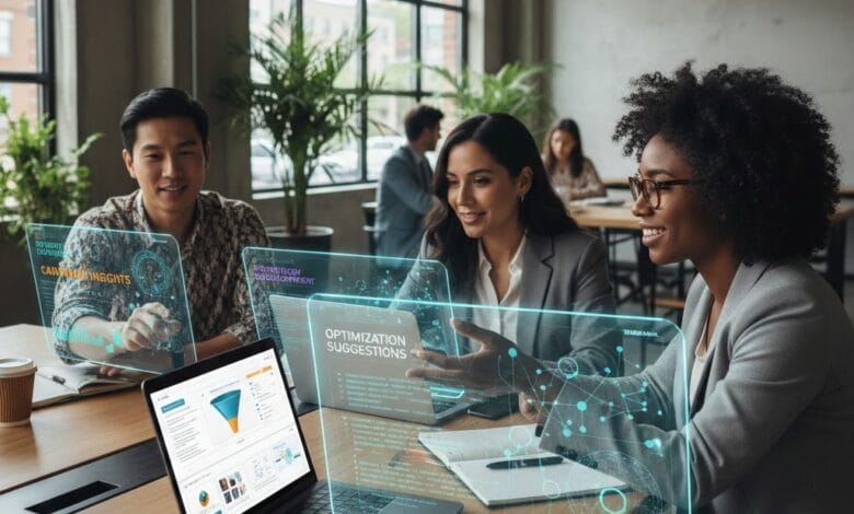 Diverse US professionals using AI productivity tools during a team collaboration session in 2026.